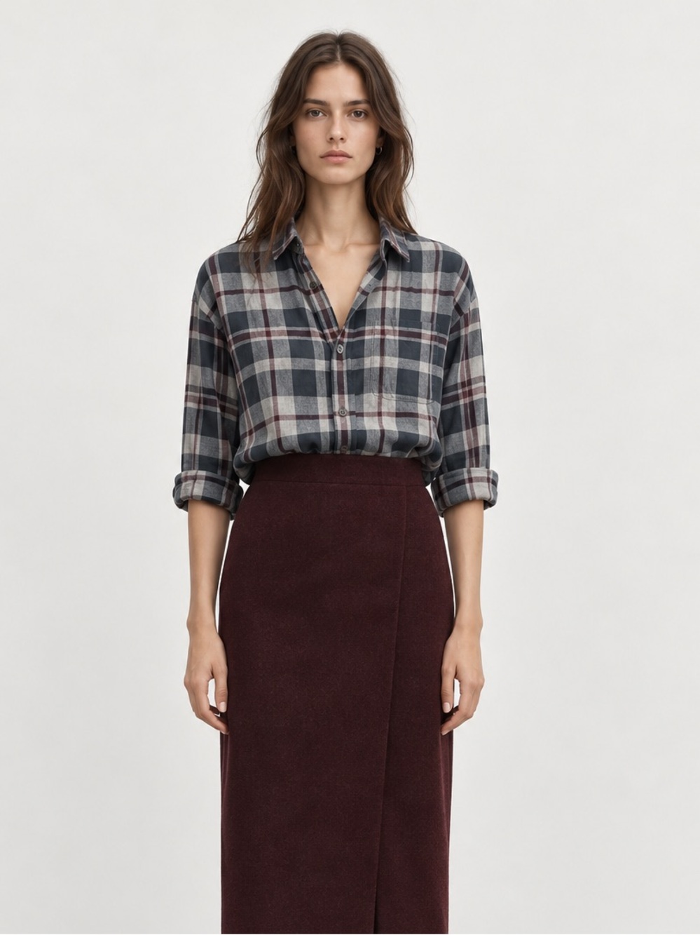 Theory navy burgundy plaid cotton button down shirt